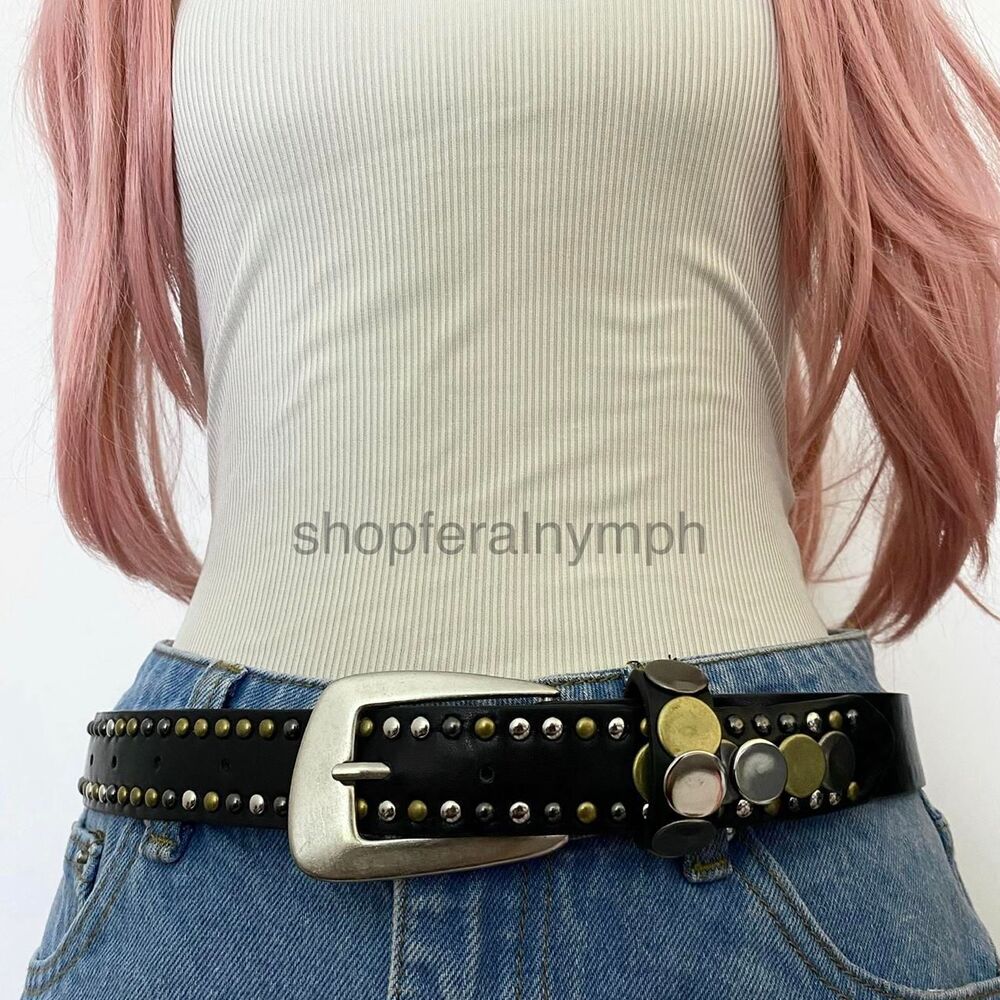 Black Y2K Metal Disc Studded Western Grunge Belt, Fits 24-32 Inches, X7GA1493